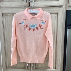 Vintage Andrew St. John peachy Pink Sweater with Floral Embroidery